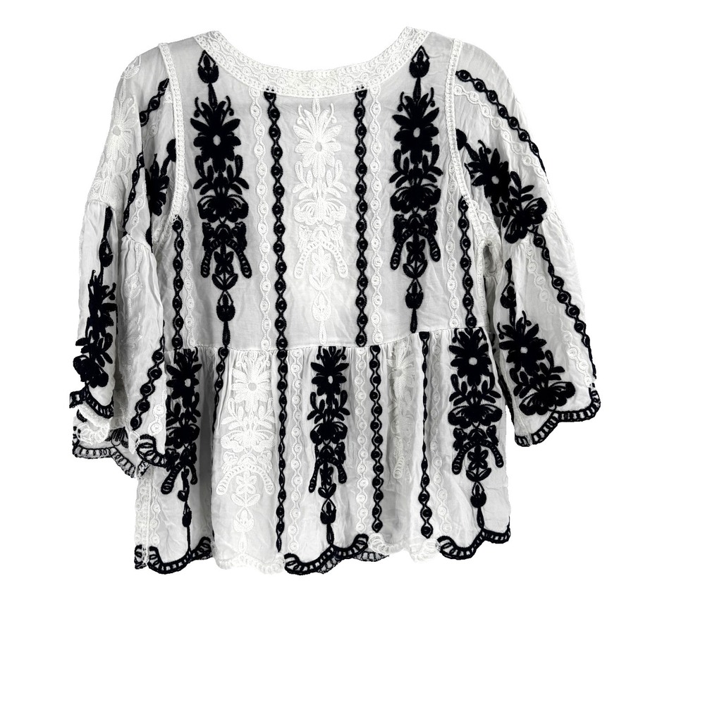 Kindred Bohemian Embroidered Babydoll Peasant Top Women's M White Hippie Retro - Picture 2 of 9